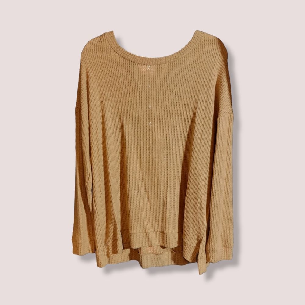 1 State Womens Criss Cross Cut Out Waffle Knit V Back Sweater Tan Size Large NWT